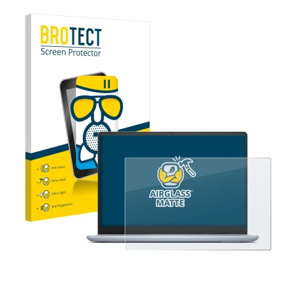 Parte frontal de un envase de producto con el logotipo de la marca BROTECT. Al lado se muestra el dispositivo Dell Inspiron 14