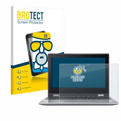 Parte frontal de un envase de producto con el logotipo de la marca BROTECT. Al lado se muestra el dispositivo Acer Chromebook 