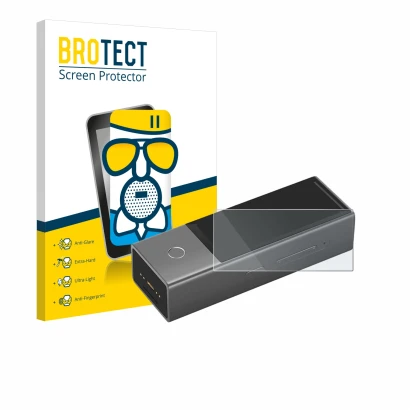 Parte frontal de un envase de producto con el logotipo de la marca BROTECT. Al lado se muestra el dispositivo Timekettle X1 co