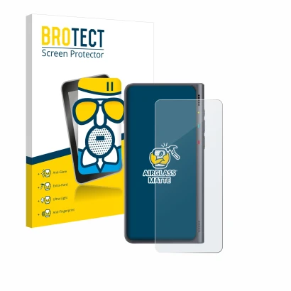 Parte frontal de un envase de producto con el logotipo de la marca BROTECT. Al lado se muestra el dispositivo Timekettle Fluen