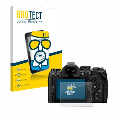 Parte frontal de un envase de producto con el logotipo de la marca BROTECT. Al lado se muestra el dispositivo Olympus OM Syste