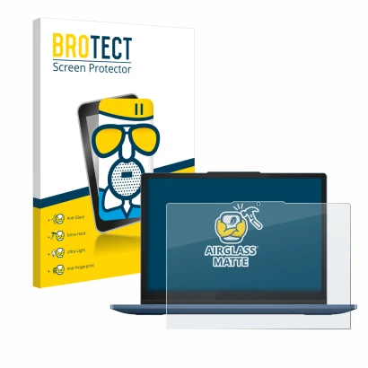 Parte frontal de un envase de producto con el logotipo de la marca BROTECT. Al lado se muestra el dispositivo Lenovo IdeaPad F