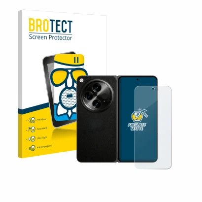 Parte frontal de un envase de producto con el logotipo de la marca BROTECT. Al lado se muestra el dispositivo OnePlus Open (ca