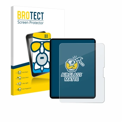 Parte frontal de un envase de producto con el logotipo de la marca BROTECT. Al lado se muestra el dispositivo Apple iPad Pro 1