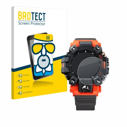 Parte frontal de un envase de producto con el logotipo de la marca BROTECT. Al lado se muestra el dispositivo Casio G-Shock GW