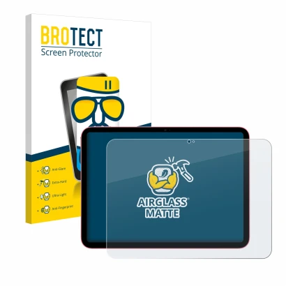 Parte frontal de un envase de producto con el logotipo de la marca BROTECT. Al lado se muestra el dispositivo Apple iPad 10.9"