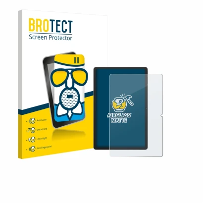 Parte frontal de un envase de producto con el logotipo de la marca BROTECT. Al lado se muestra el dispositivo Blackview Tab 16