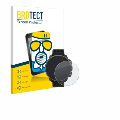 Parte frontal de un envase de producto con el logotipo de la marca BROTECT. Al lado se muestra el dispositivo Suunto Vertical 