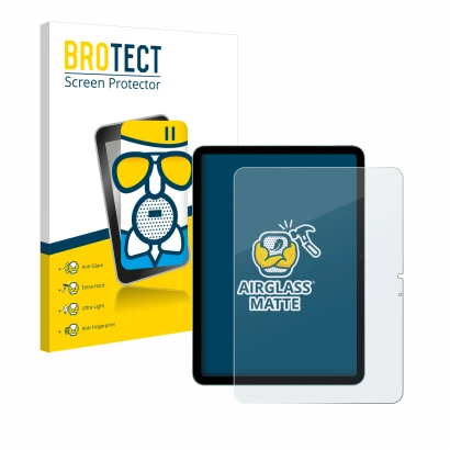 Parte frontal de un envase de producto con el logotipo de la marca BROTECT. Al lado se muestra el dispositivo Apple iPad Air 1