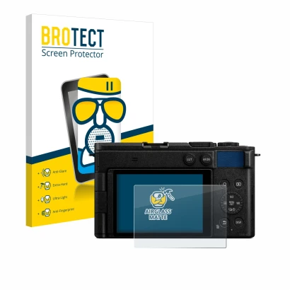 Parte frontal de un envase de producto con el logotipo de la marca BROTECT. Al lado se muestra el dispositivo Panasonic Lumix 