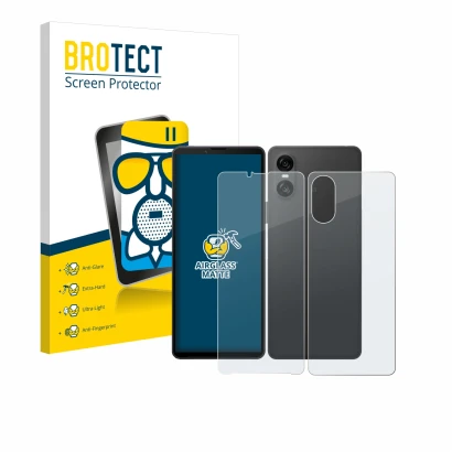 Parte frontal de un envase de producto con el logotipo de la marca BROTECT. Al lado se muestra el dispositivo Sony Xperia 10 V