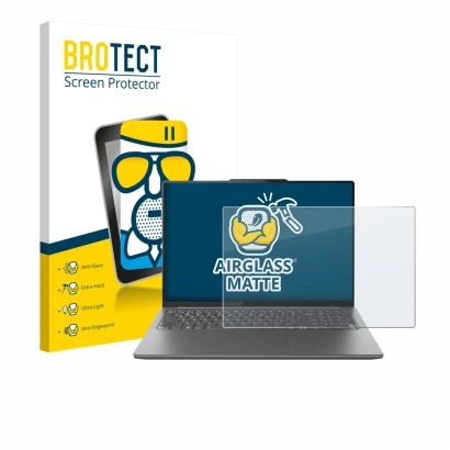 Parte frontal de un envase de producto con el logotipo de la marca BROTECT. Al lado se muestra el dispositivo Lenovo Yoga Pro