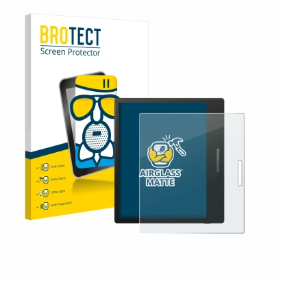 Parte frontal de un envase de producto con el logotipo de la marca BROTECT. Al lado se muestra el dispositivo Boox Go Color 7