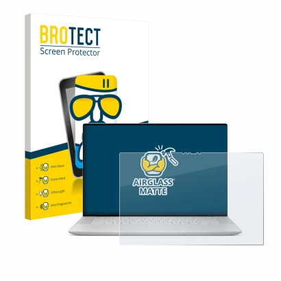 Parte frontal de un envase de producto con el logotipo de la marca BROTECT. Al lado se muestra el dispositivo Dell XPS 16 9640