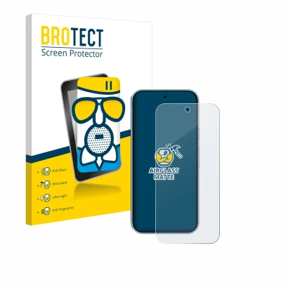 Parte frontal de un envase de producto con el logotipo de la marca BROTECT. Al lado se muestra el dispositivo Google Pixel 9 c