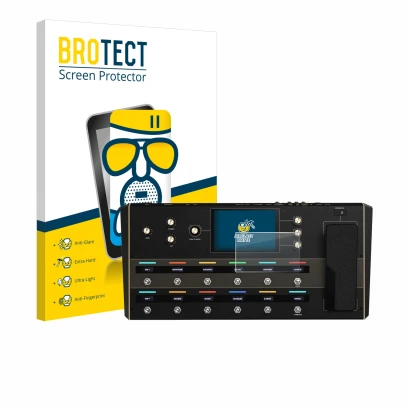 Parte frontal de un envase de producto con el logotipo de la marca BROTECT. Al lado se muestra el dispositivo Headrush Prime c