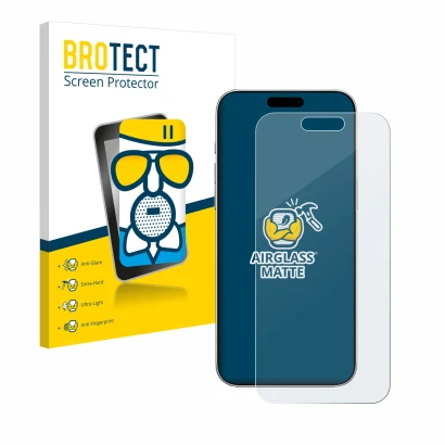 Parte frontal de un envase de producto con el logotipo de la marca BROTECT. Al lado se muestra el dispositivo Apple iPhone 16 