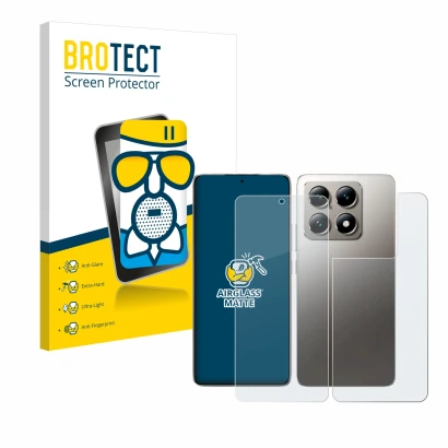 Parte frontal de un envase de producto con el logotipo de la marca BROTECT. Al lado se muestra el dispositivo Xiaomi 14T (Fron