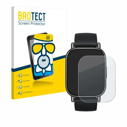 Parte frontal de un envase de producto con el logotipo de la marca BROTECT. Al lado se muestra el dispositivo Xiaomi Redmi Wat