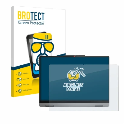 Parte frontal de un envase de producto con el logotipo de la marca BROTECT. Al lado se muestra el dispositivo Lenovo IdeaPad 5