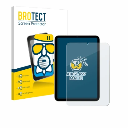 Parte frontal de un envase de producto con el logotipo de la marca BROTECT. Al lado se muestra el dispositivo Apple iPad Mini 