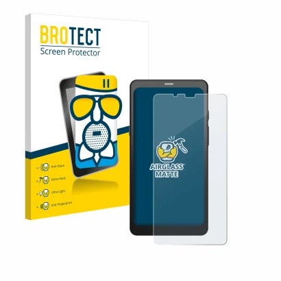 Parte frontal de un envase de producto con el logotipo de la marca BROTECT. Al lado se muestra el dispositivo Boox Palma 2 con