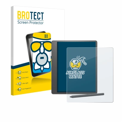 Parte frontal de un envase de producto con el logotipo de la marca BROTECT. Al lado se muestra el dispositivo Amazon Kindle Sc