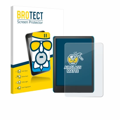 Parte frontal de un envase de producto con el logotipo de la marca BROTECT. Al lado se muestra el dispositivo Amazon Kindle Pa