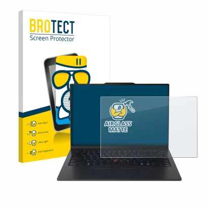 Parte frontal de un envase de producto con el logotipo de la marca BROTECT. Al lado se muestra el dispositivo Lenovo ThinkPad