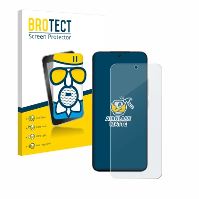 Parte frontal de un envase de producto con el logotipo de la marca BROTECT. Al lado se muestra el dispositivo Xiaomi 15 con su