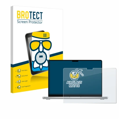 Parte frontal de un envase de producto con el logotipo de la marca BROTECT. Al lado se muestra el dispositivo Apple MacBook Pr