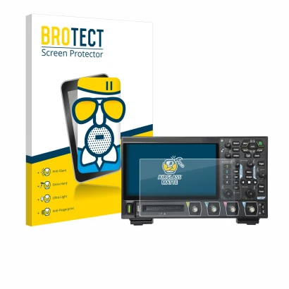 Parte frontal de un envase de producto con el logotipo de la marca BROTECT. Al lado se muestra el dispositivo Rigol DHO914 con