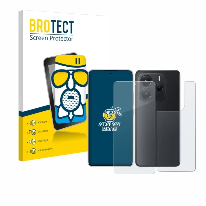 Parte frontal de un envase de producto con el logotipo de la marca BROTECT. Al lado se muestra el dispositivo Xiaomi Redmi Not