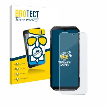 Parte frontal de un envase de producto con el logotipo de la marca BROTECT. Al lado se muestra el dispositivo Doogee S Cyber c