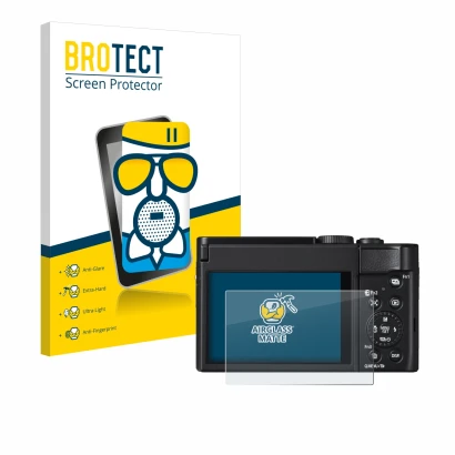 Parte frontal de un envase de producto con el logotipo de la marca BROTECT. Al lado se muestra el dispositivo Panasonic Lumix 