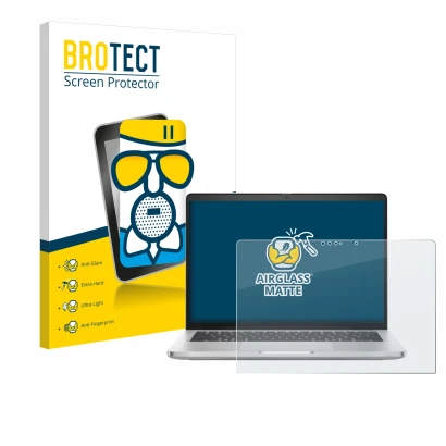 Parte frontal de un envase de producto con el logotipo de la marca BROTECT. Al lado se muestra el dispositivo Dell Pro 14 Plus