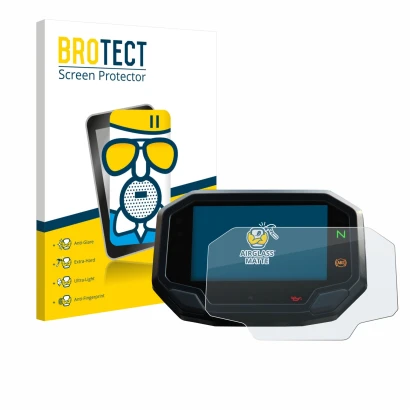 Parte frontal de un envase de producto con el logotipo de la marca BROTECT. Al lado se muestra el dispositivo Kawasaki Versys 