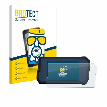 Parte frontal de un envase de producto con el logotipo de la marca BROTECT. Al lado se muestra el dispositivo KTM RC125 / RC39