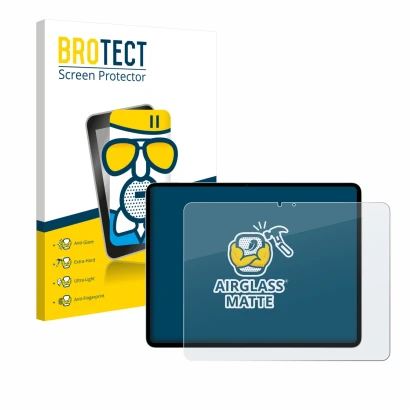 Parte frontal de un envase de producto con el logotipo de la marca BROTECT. Al lado se muestra el dispositivo Apple iPad Air 1