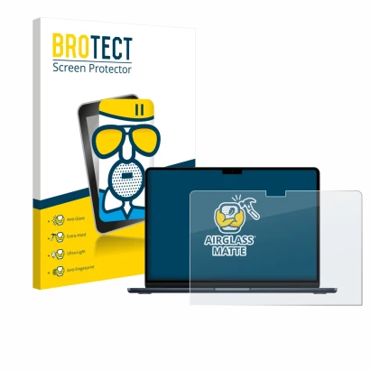 Parte frontal de un envase de producto con el logotipo de la marca BROTECT. Al lado se muestra el dispositivo Apple MacBook Ai