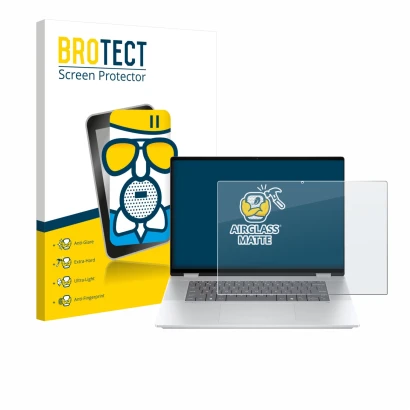 Parte frontal de un envase de producto con el logotipo de la marca BROTECT. Al lado se muestra el dispositivo HP OmniBook X Fl