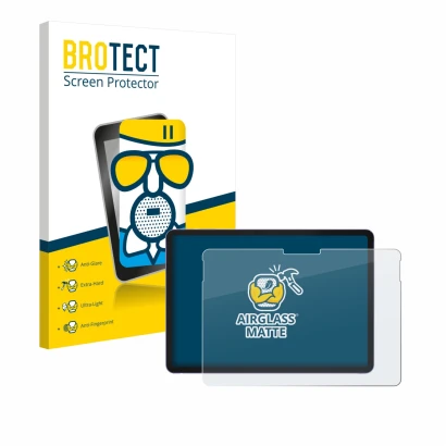 Parte frontal de un envase de producto con el logotipo de la marca BROTECT. Al lado se muestra el dispositivo Microsoft Surfac