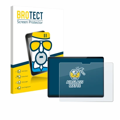 Parte frontal de un envase de producto con el logotipo de la marca BROTECT. Al lado se muestra el dispositivo Microsoft Surfac