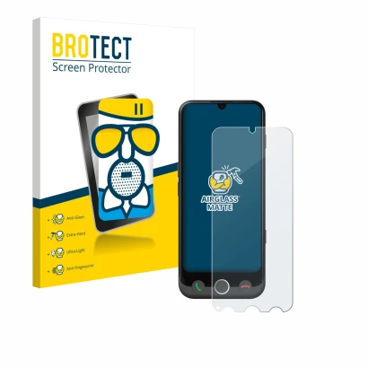 Parte frontal de un envase de producto con el logotipo de la marca BROTECT. Al lado se muestra el dispositivo Doro Aurora A30