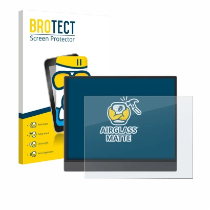 Parte frontal de un envase de producto con el logotipo de la marca BROTECT. Al lado se muestra el dispositivo Boox Tab X C con