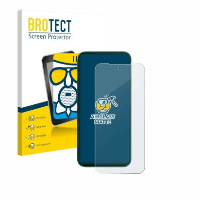 Parte frontal de un envase de producto con el logotipo de la marca BROTECT. Al lado se muestra el dispositivo Fairphone 6 con