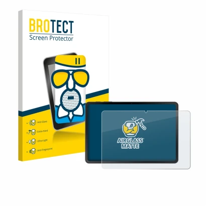 Parte frontal de un envase de producto con el logotipo de la marca BROTECT. Al lado se muestra el dispositivo Doogee Tab A9 co