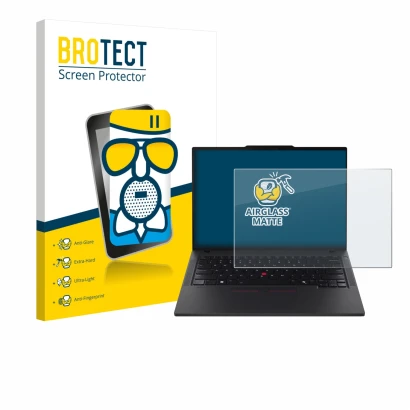 Parte frontal de un envase de producto con el logotipo de la marca BROTECT. Al lado se muestra el dispositivo Lenovo ThinkPad 