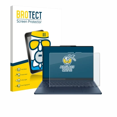 Parte frontal de un envase de producto con el logotipo de la marca BROTECT. Al lado se muestra el dispositivo Lenovo Yoga Pro 