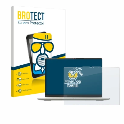 Parte frontal de un envase de producto con el logotipo de la marca BROTECT. Al lado se muestra el dispositivo Lenovo Yoga 7 2-